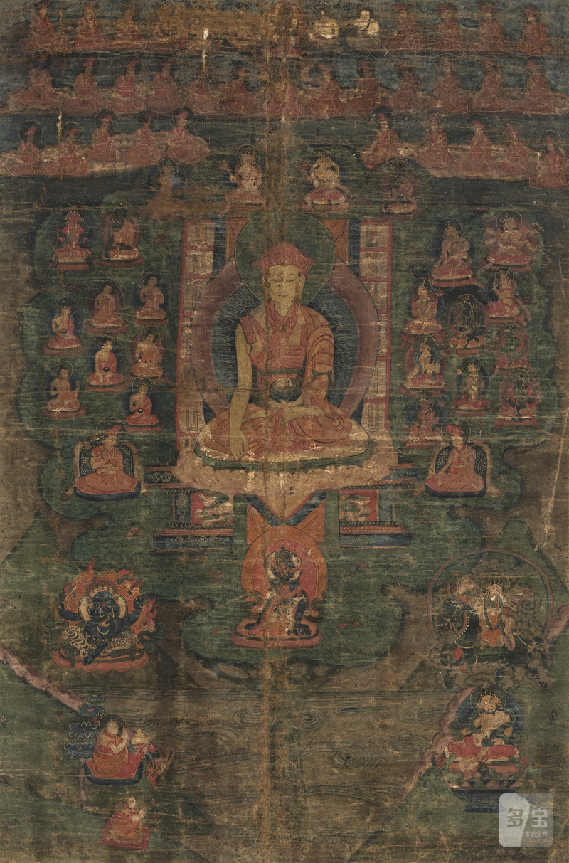 Thangka of a lama surrounded by numerous figures